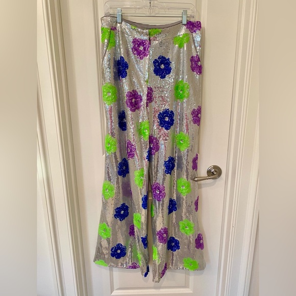 Nasty Gal Size 10 silver sequin w purple green and blue sequin flower pants. - Picture 2 of 14